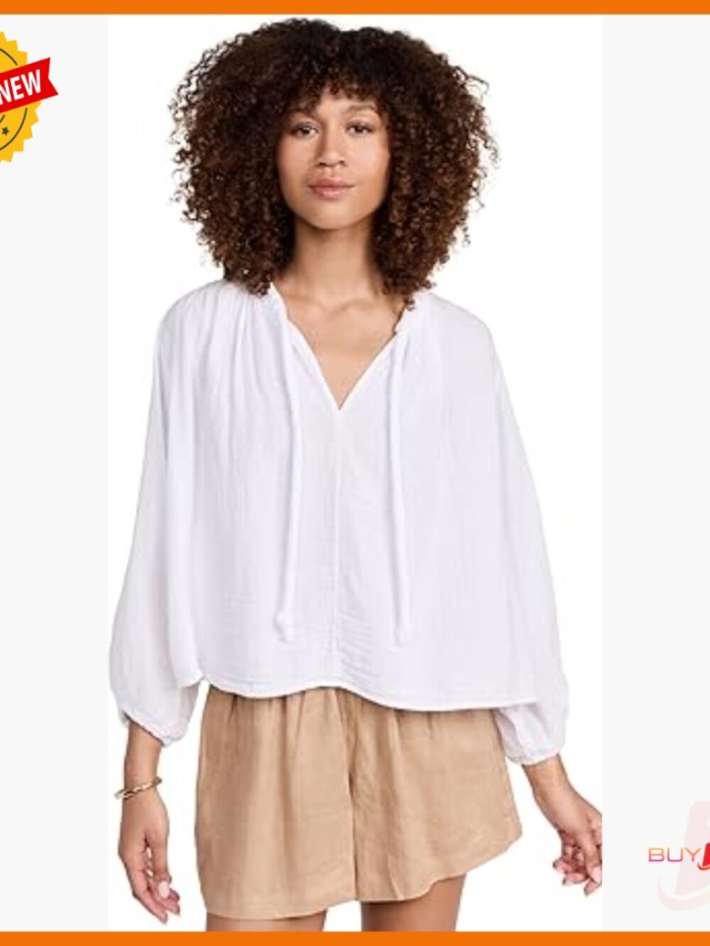Long Sleeve Cotton Gauze Peasant Top V-Neck Pull On Blouse